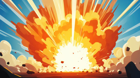 A vivid and dynamic illustration of an explosion, showcasing bright flames and colorful smoke against a blue sky. Ideal for action and high-energy themes.の素材