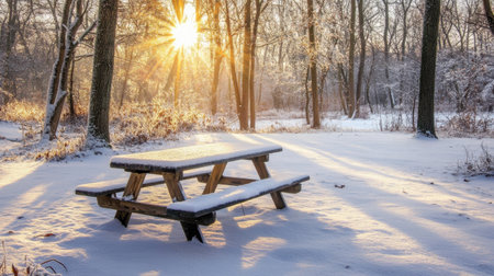 A tranquil winter scene featuring a picnic table covered in snow, illuminated by golden sunlight filtering through tall trees in a serene forest setting.の素材