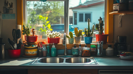 A cozy kitchen scene featuring a bright window filled with colorful plants, showcasing a blend of nature and modern decor. Perfect for home inspiration.の素材