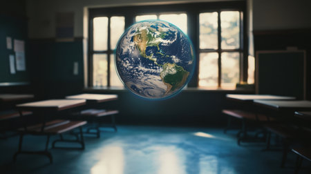 A captivating image of a globe floating in an empty classroom, illuminated by natural light through the window. This visual symbolizes global education and exploration.の素材