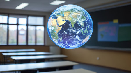 A stunning visualization of the Earth globe hovering in an empty classroom. This image represents innovative education methods, blending technology with learning.の素材