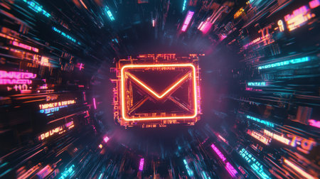 This image features a vibrant neon email icon surrounded by abstract digital elements, representing modern communication technology in a futuristic style.の素材