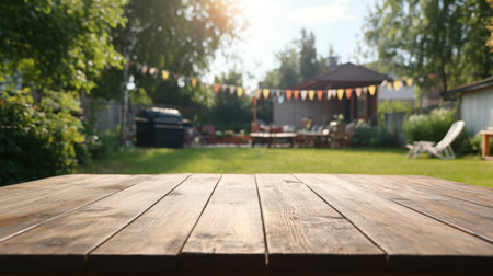 Enjoy the tranquil beauty of a serene garden setting featuring a wooden table bathed in sunlight, perfect for outdoor gatherings and relaxation.の素材