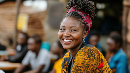A joyful young woman displays her vibrant personality while wearing a colorful traditional outfit, set against a warm outdoor backdrop filled with community.の素材