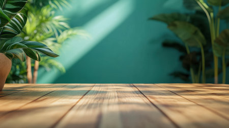 A serene indoor scene featuring a wooden table surrounded by lush green plants. The sunlight creates a warm and inviting atmosphere, perfect for relaxation.の素材