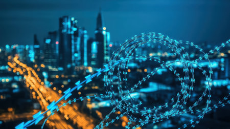 A captivating view of a vibrant city skyline at night, infused with glowing technology elements that symbolize modern connectivity and urban life.の素材