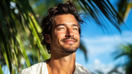 A joyful man smiles brightly as he basks in the warm sunlight of a tropical paradise. Surrounded by lush green foliage, he embodies relaxation and happiness.の素材