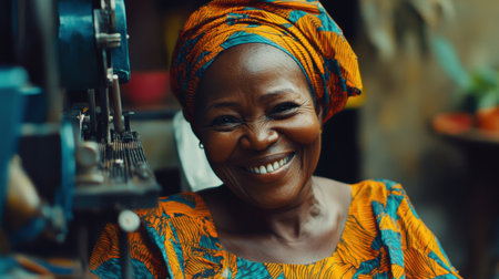This portrait captures a joyful African woman dressed in traditional attire, radiating happiness with her bright smile and vibrant fabric patterns.の素材