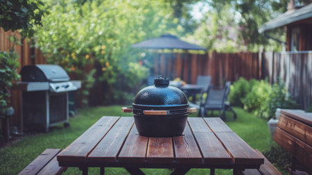 A beautiful outdoor setting featuring a charcoal grill on a wooden table surrounded by lush greenery. Ideal for summer barbecues and gatherings.の素材