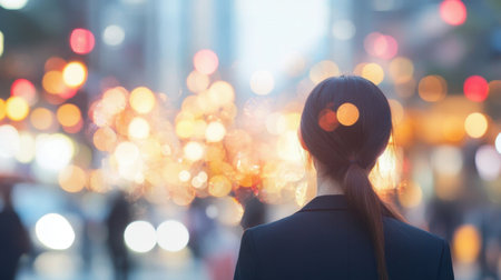 A woman stands with her back facing a vibrant urban scene filled with blurred lights, creating a dreamy atmosphere of city life and contemplation.の素材