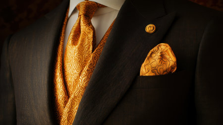 This image showcases an elegant men's formal attire featuring rich golden accents. The intricate patterns and textures create a sophisticated look suitable for special occasions.の素材