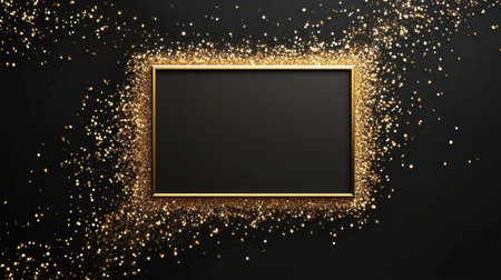 This image features an elegant picture frame surrounded by sparkling gold glitter on a dark background, creating a luxurious and stylish atmosphere perfect for artistic presentations.の素材