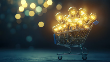 A shopping cart filled with glowing light bulbs creates a captivating display of brightness and inspiration against a dark background, symbolizing innovative ideas.の素材