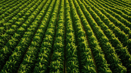 Aerial view of a lush green agricultural field showcasing healthy crop plants in neat rows, highlighting the beauty of farming and nature's bounty.の素材