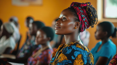 A young woman dressed in vibrant traditional attire listens intently during an event, surrounded by a diverse audience, showcasing engagement and community spirit.の素材