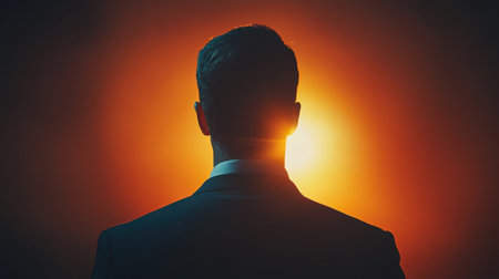 A silhouette of a man in a suit stands against a warm orange and yellow glow. This image evokes feelings of mystery, confidence, and introspection, perfect for themes of leadership and individual ambition.の素材