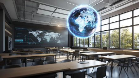 A modern classroom featuring a digital world map and a floating globe display. The bright environment promotes learning and creativity with innovative design elements.の素材