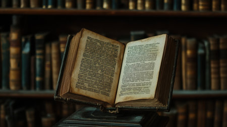 An ancient open book rests prominently on a stand in a classic library. Surrounded by rows of books, this scene evokes a sense of timeless knowledge and scholarly exploration.の素材