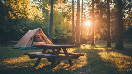 Experience a beautiful camping scene with a cozy tent, a wooden picnic table, and warm sunlight filtering through tall trees, perfect for outdoor adventures.の素材