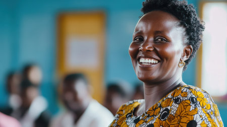 A joyful woman smiles brightly while wearing a colorful dress, capturing the essence of happiness and community at a social gathering. Her warmth fills the space.の素材
