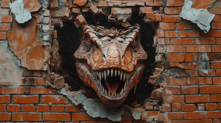 A striking dinosaur head dramatically emerges from a crumbling brick wall, creating an eye-catching urban mural that blends fantasy and realism.の素材