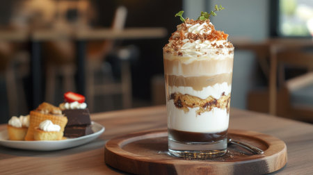 A visually appealing layered dessert in a glass features whipped cream, chocolate, caramel, and coffee, served alongside delicious pastries on a wooden board.の素材
