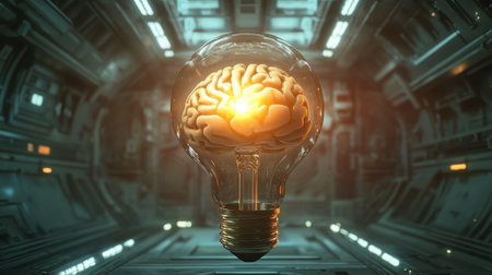 A surreal image depicting a glowing brain inside a transparent light bulb, set in a futuristic space environment. This artwork symbolizes creativity and innovation.の素材