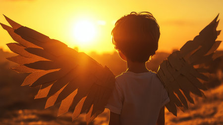 A young child stands with makeshift paper wings, gazing at a stunning sunset. This image captures the essence of childhood imagination, freedom, and wonder.の素材