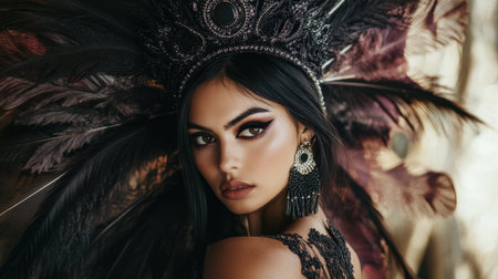 Captivating portrait of a model featuring dramatic feathers in a striking headdress. The makeup enhances her beauty, creating a unique and artistic visual appeal.の素材