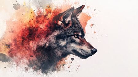 This stunning portrait features a wolf rendered in a vibrant watercolor style, showcasing intricate details and a powerful expression against a soft backdrop.の素材