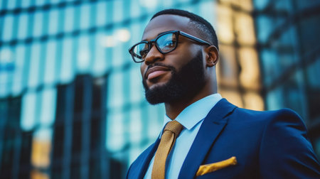 A confident businessman stands against a modern urban backdrop, showcasing professionalism and style. His glasses and attire reflect ambition and success.の素材