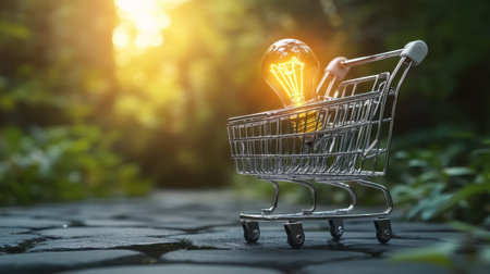 A shopping cart holds a glowing light bulb, symbolizing creativity and innovative ideas. The natural background enhances its aesthetic appeal and promotes inspiration.の素材