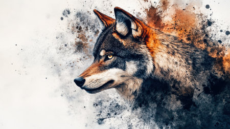 This striking artwork features a majestic wolf portrait with a colorful splash background, capturing the essence and beauty of wildlife and nature artistry.の素材