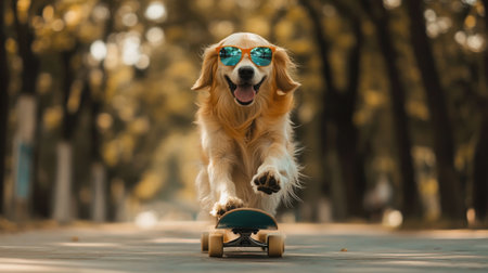 A cheerful dog joyfully rides a skateboard, wearing stylish sunglasses. The scene captures a playful moment in a sunny park, showcasing the bond between pets and their adventurous spirit.の素材