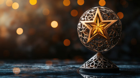 An elegant golden star trophy featuring intricate cutouts, beautifully illuminated against a blurred background. Perfect for celebrating achievements and milestones.の素材