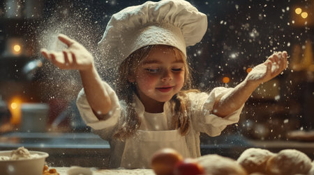 A joyful young girl in a chef's outfit plays with flour in a cozy kitchen, capturing the essence of childhood creativity and happiness in cooking.の素材
