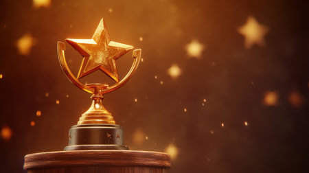 A stunning golden star trophy stands elegantly on a pedestal against a soft glowing background, symbolizing achievement and recognition in various fields of excellence.の素材