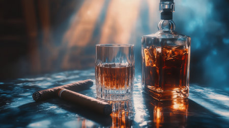A captivating arrangement featuring whiskey in a glass, a stylish bottle, and fine cigars set against a backdrop of dramatic lighting, creating an inviting atmosphere for relaxation.の素材