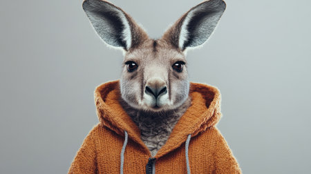 A whimsical portrait of a kangaroo wearing a cozy orange hoodie. This creative animal image blends humor and style, perfect for various projects.の素材
