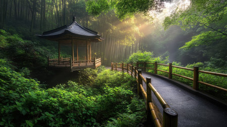 A serene bamboo forest featuring a tranquil wooden pavilion, with rays of sunlight filtering through the lush greenery, creating a peaceful atmosphere.の素材