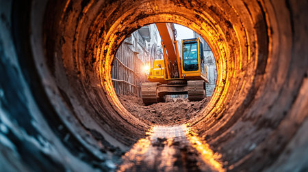 An excavator operates on a construction site, viewed through a large pipe. The warm light highlights the machinery and its surroundings, capturing the essence of industrial work.の素材