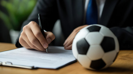 A businessman signs an important contract while a soccer ball rests nearby, symbolizing the intersection of sports and business in a modern office environment.の素材