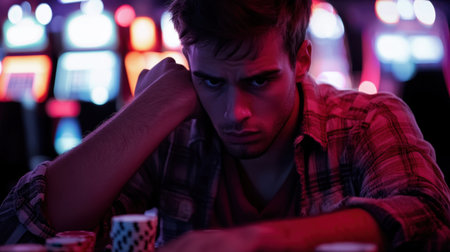 A frustrated male gambler sits at a casino table surrounded by vibrant neon lights. His serious expression reflects the pressure and tension of the game, highlighting emotional intensity.の素材