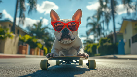 A stylish dog rides a skateboard while wearing vibrant sunglasses under a clear blue sky. The scene captures joy, fun, and a sense of adventure.の素材