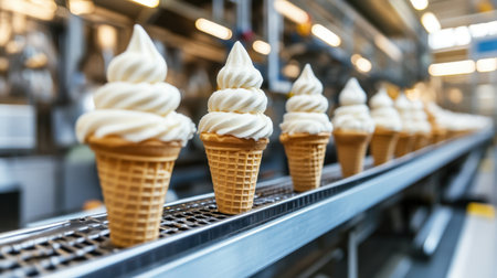A row of freshly made ice cream cones sits on a conveyor belt within a modern production facility, showcasing the process of dessert preparation and delight.の素材