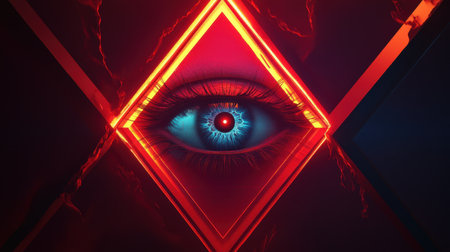 A captivating close-up of a futuristic eye surrounded by vibrant neon shapes. The intense colors and dynamic lighting create a visually striking and creative atmosphere.の素材