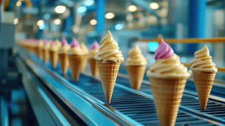 A vibrant display of freshly made ice cream cones gliding along a production line in a modern factory setting. The indulgent treat showcases various flavors and a professional manufacturing process.の素材