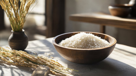 A rustic wooden bowl filled with freshly harvested rice grains, set in a warm, sunlit interior. Perfect for highlighting natural beauty and healthy cooking.の素材