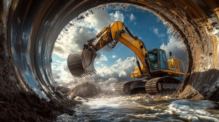 An excavator is actively digging within a large circular pipe, surrounded by water and mud. The scene captures the power of construction machinery against a backdrop of dramatic clouds.の素材