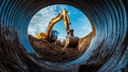 An excavator operates in a construction site, visible from within a large steel pipe. The machine digs into the dirt, showcasing modern earthmoving techniques in action.の素材